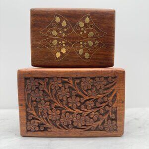Vintage Handcrafted Wooden Boxes Set Trinkets Floral Leaf Designs Boho Decor